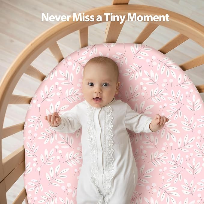 Baby Bassinet Sheets Girl Boy, Fitted Bassinet Sheet Set 3 Pack Bassinet Mattress Sheets Universal Fit for Rectangle, Round, Oval, Hourglass Mattress, Soft Breathable Pink Flowers & Leaf
