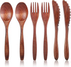 6 Pcs Wooden Utensils for Eating, Wooden Spoon Fork Cutlery Set Kitchen Wood Dinner Flatware Tableware Reusable Wood Spoon, Wooden Forks,Wooden Scraper for Travel and Camping