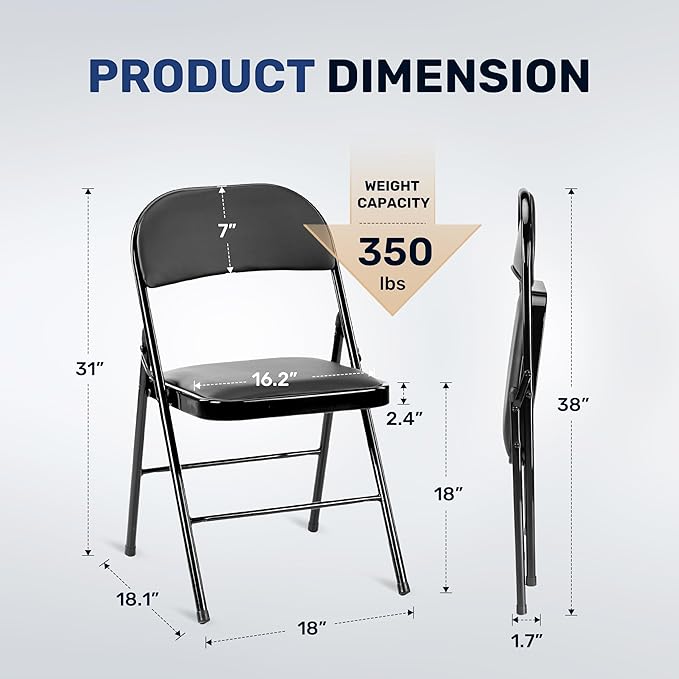 Simple Deluxe 4 Pack Folding Chairs with Padded Leather Cushion Seats & Durable Metal Frame, Comfortable, Foldable, Portable, Commercial Event Chair, Indoor Outdoor for Parties, Home, Office, Black
