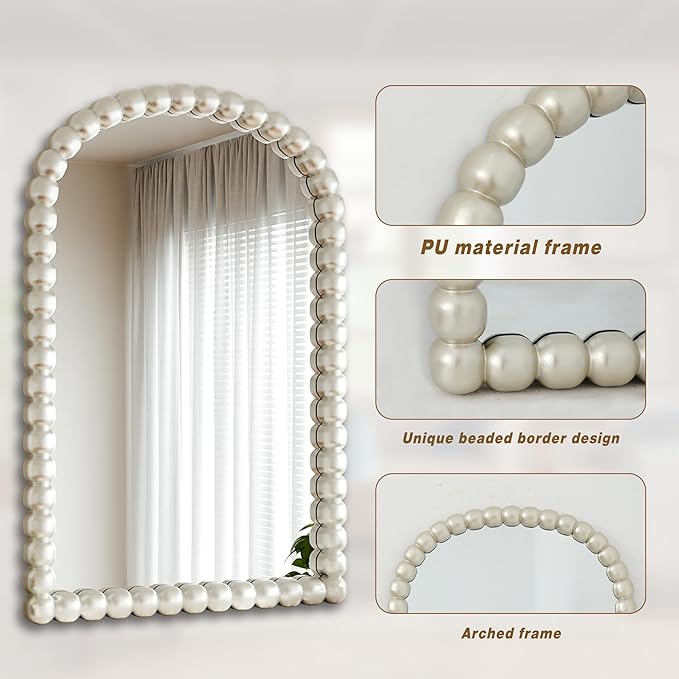 30"×38" Silver Arched Bathroom Vanity Mirror, Vintage Beaded Decorative Wall Mounted Makeup Mirror, as Wall Decor Hanging Leaning for Fireplace Mantle, Living Room, Bedroom, Vanity Area