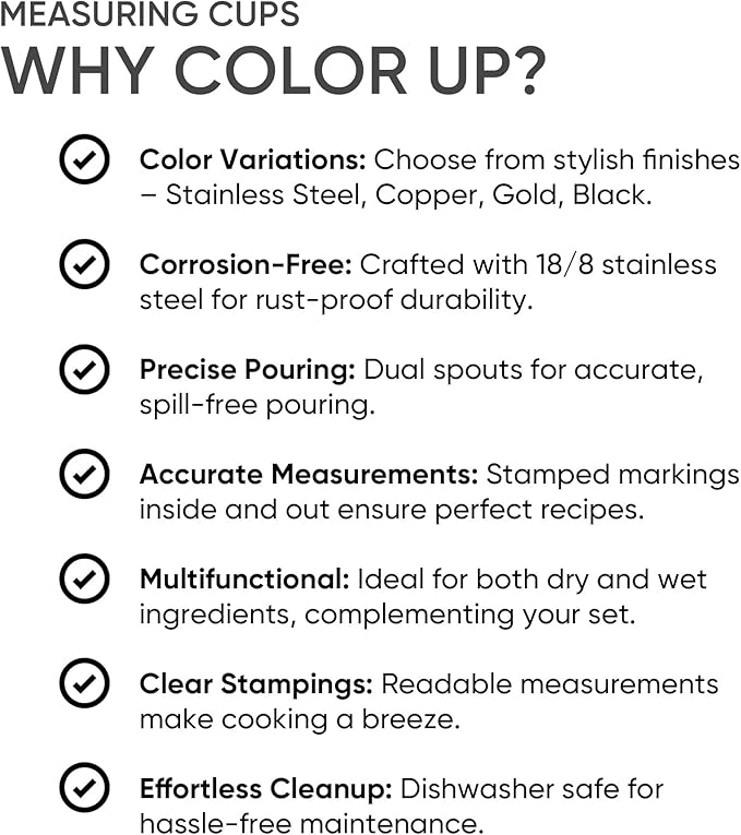 Color Up Measuring Cup Set, 8 Piece – Includes 2 Cup, Copper Finish, Stainless Steel, Accurate for Wet & Dry Ingredients, Embossed Markings, Easy-Pour Spouts, Dishwasher-Safe, Kitchen Essential