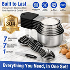Magnetic Measuring Cups & Spoons Set, Strong N52 Magnets, Heavy Duty 304 Stainless Steel Fits in Spice Jars for Baking & Cooking, BPA Free, Round Set of 15 with Leveler,Dark Black