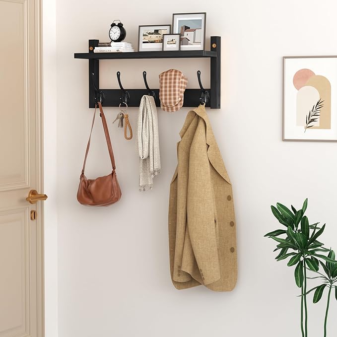VASMIA Coat Rack Wall Mount with Shelf,Bamboo Wall Shelf with Hooks,Coat Hangers for Entryway,Bathroom, Living Room, Bedroom, Black