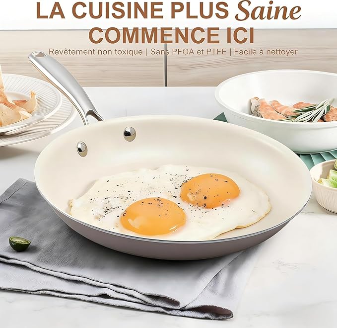 11 Inch Ceramic Nonstick Frying Pan with lid Skillet - PFAS-Free, Non-Toxic, Oven Safe & Induction Ready, Aluminum Cookware with Stainless Steel Handle