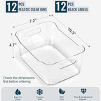 12 PACK Multi-Use Clear Plastic Storage Bins for Organizing w/Labels - Home, Kitchen, Pantry, Bathroom, Office, Cabinet Shelf Organizer Bins - SOHO Collection, RV, Fridge Organization Containers - L