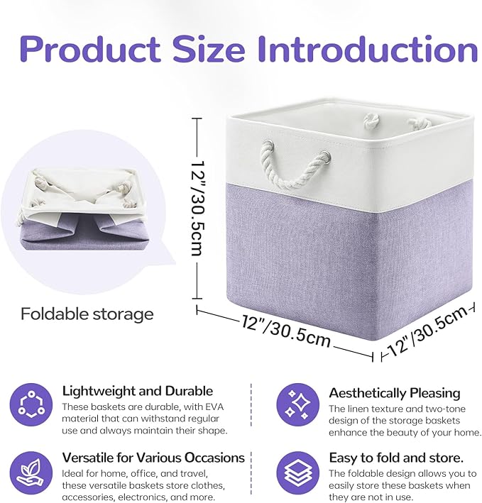 12 x 12 Inch Cube Storage Bins, 4 Pack Fabric Storage Basket with Handles, Foldable Boxes Organizer for Shelf Baskets for Home, Clothes (White/Purple)