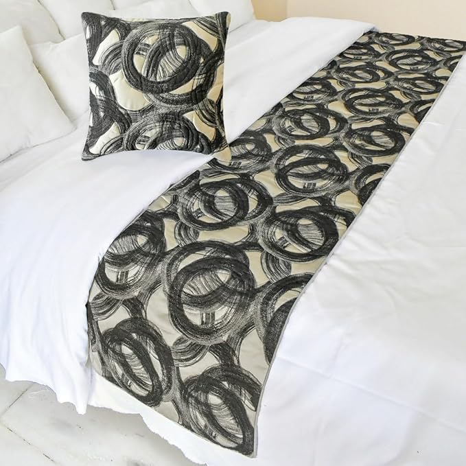 The HomeCentric King/Queen/Twin Black Decorative Twin 53"x18" Bed Runner with 2 Pillow Cover, Circle, Rings, Quilted Bed Scarf on Jacquard Fabric - Circlewise