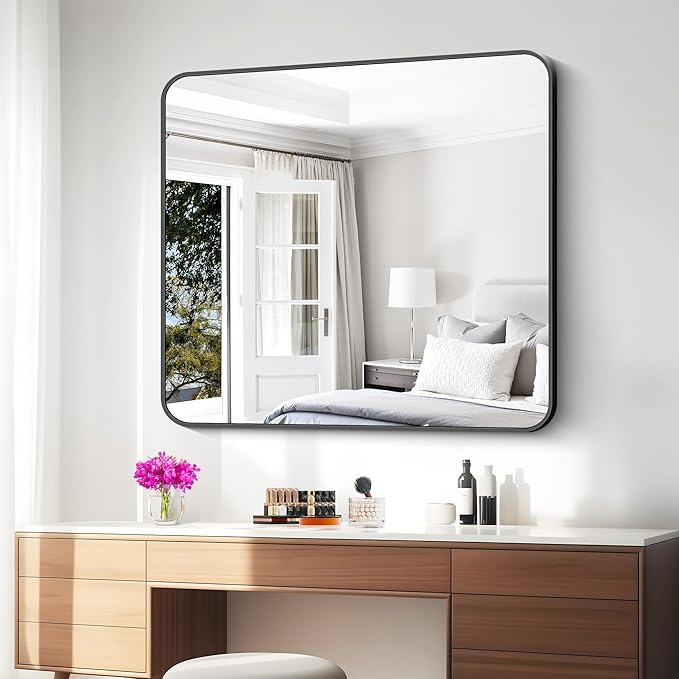 BONEWEI 36x40 inch Bathroom Mirror,Black Rectangle Mirror,Wall Mounted Bathroom Frame Vanity Mirror with Round Corner for Bedroom Living Room,Entryway Hangs Horizontal or Vertical