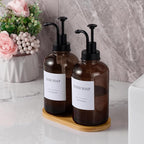 Glass Soap Dispenser with Pump, Dish and Hand Soap Dispenser for Kitchen Bathroom Set, Clear Glass Dispenser Set of 2 Pack with 18 Stickers Funnel Bamboo Tray 500ml 18oz Amber