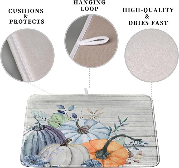 Fall Blue Orange Grey Pumpkin Kitchen Dish Drying Mat for Kitchen Counter 16x18 Inch Autumn Teal Flowers Drying Mat Thanksgiving Harvest Dish Drainer Mat Super Absorbent Dish Rack Pad for Coffee Bar