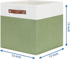 Temary 13 Inch Cube Storage Bin 4 Pack Fabric Storage Cubes Fabric Storage Bin for Shelf, Cube Storage Basket with Leather Handles(White&Green)