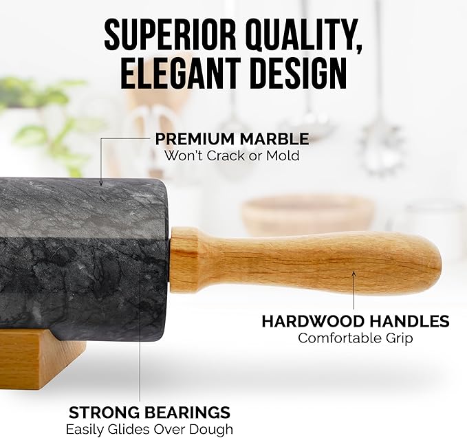 Zulay Kitchen 17-Inch Marble Rolling Pin With Stand - Polished Marble Rolling Pins For Baking - Long Rolling Pin Marble With Beechwood Handle - Non-stick Roller Pin For Baking Pastries, Bread & Pizza