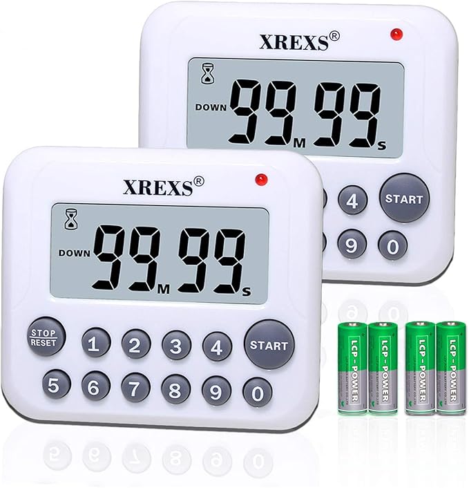 XREXS Digital Kitchen Timer Magnetic Countdown Up Cooking Timer Clock with Magnet Back and Clip, Loud Alarm, Large Display Minutes and Seconds Directly Input-White (2 Pcs, Battery Included) PS-367