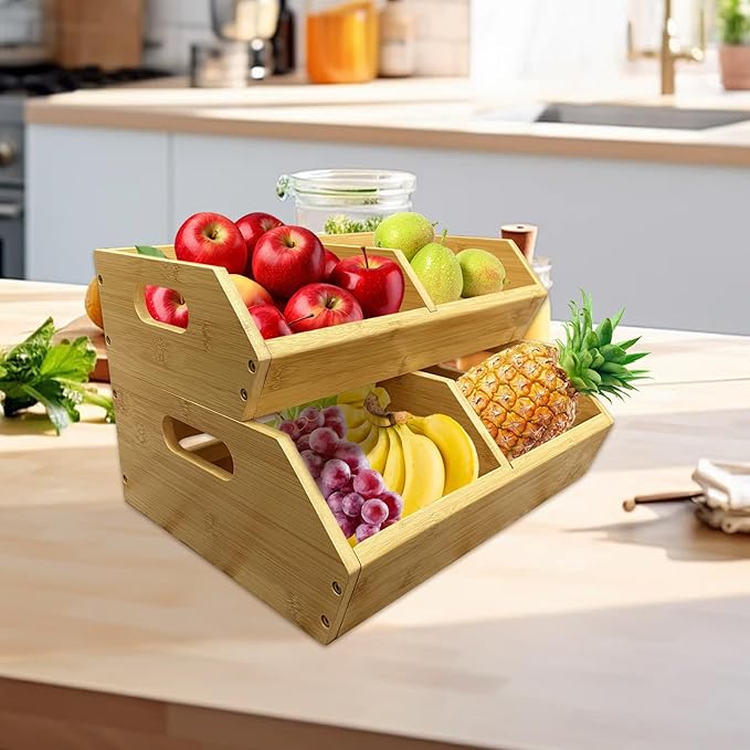 2-Pack Stackable Vegetable Storage Bins, Kitchen and Pantry Organizers and Storage Baskets, for Fruit, Vegetable, Produce, Bread, Potato Onion and Snacks, Bamboo Kitchen Storage Containers