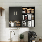Bathroom Wall Cabinet Wood Large Wall Mounted Medicine Cabinet with 2 Doors and 4 Open Shelves Over Toilet Storage Cabinet Organizer with Towel Bar, Black