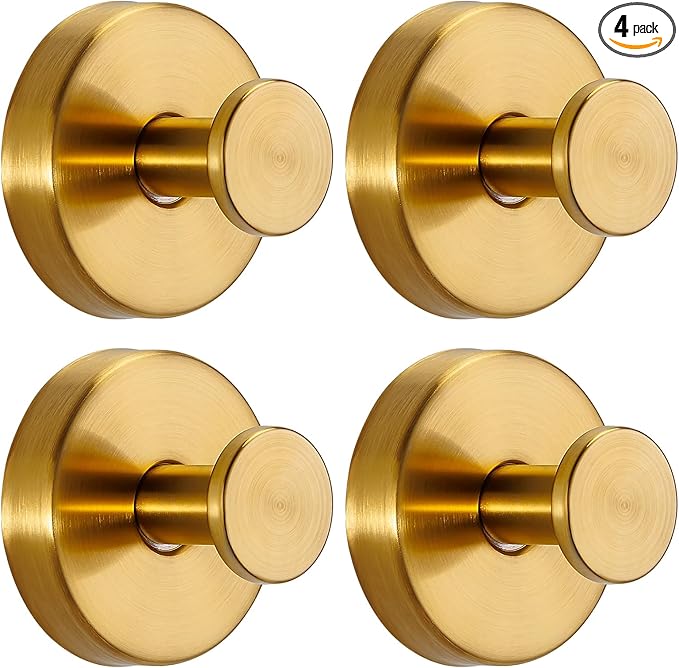 Suction Cup Hooks for Shower No-Drill Bathroom Hooks for Towels, Robes, Loofah Mountable on Bathroom Walls, Kitchen, Glass, Mirrors, Tile and Smooth,Non-Porous Surfaces (4, Brushed Gold)