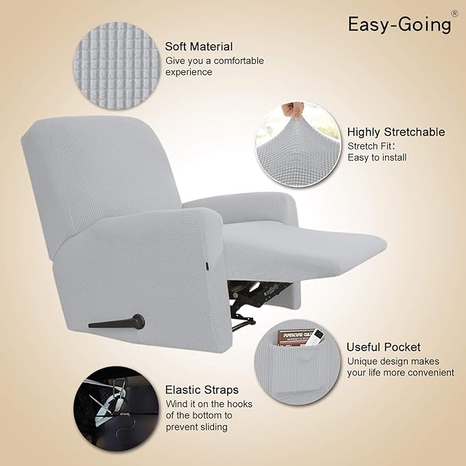 Easy-Going Recliner Stretch Sofa Slipcover Sofa Cover 4-Pieces Furniture Protector Couch Soft with Elastic Bottom Polyester Spandex Jacquard Fabric(Recliner,Silver Gray,Large)