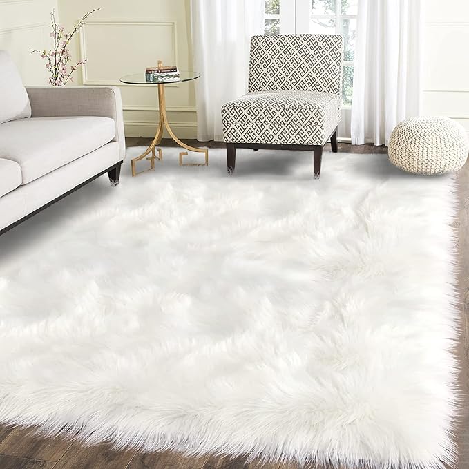 Latepis High Pile Faux Fur Area Rug, 5 x 8 ft, White, Fluffy Rug for Bedroom, Living Room, Playroom, Nursery