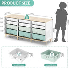 12 Drawers Storage Cabinet with Wooden Top and Plastic Bins, Toy Storage Organizer Toy Shelf Storage Chest Cubby Organizer for Home, Office, Playroom, Classroom & Craft Room Storage (Green)