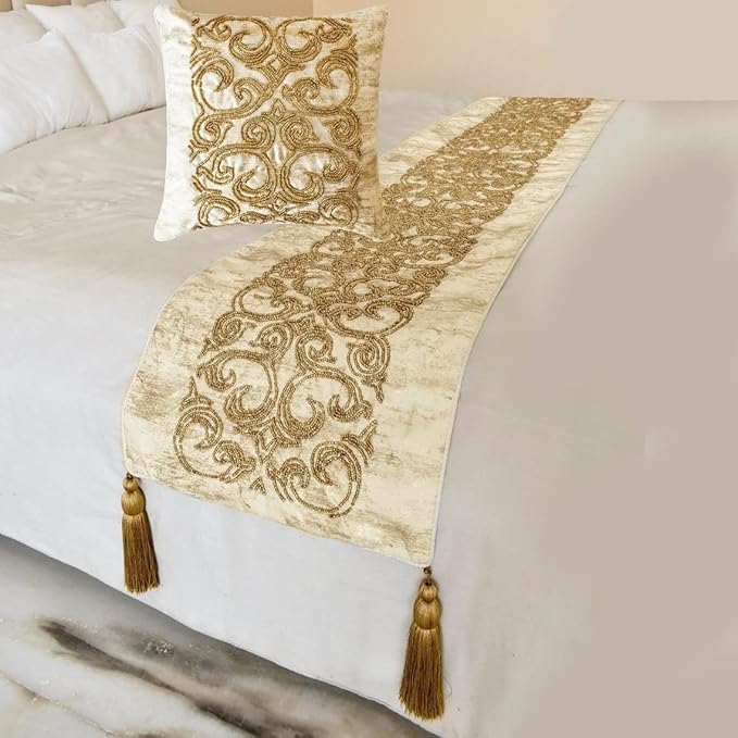 The HomeCentric King/Queen/Twin Gold Designer King 90"x18" Bed Runner with 2 Pillow Cover, Foil & Hand Beaded Embroidery Bed Scarf on Jacquard Fabric - Ornamento Oro