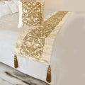 The HomeCentric King/Queen/Twin Gold Designer CA King 86"x18" Bed Runner with 2 Pillow Cover, Foil & Hand Beaded Embroidery Bed Scarf on Jacquard Fabric - Ornamento Oro