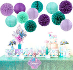 Teal-Purple Party-Decorations Paper Flowers Lanterns - 15PCS Lavender Girl Mermaid-Birthday Tissue Pom Poms Streamers,Baby Bridal Shower Wedding Classroom Hanging Supplies Decor Hugfond