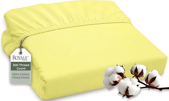 ROYALE LINENS 300 Thread Count 100% Long Staple Combed Cotton Fitted Sheet Queen - Super Soft Deep Pocket Bottom Sheet - Fitted Sheets Only - Elastic Sheets (Queen, Yellow)
