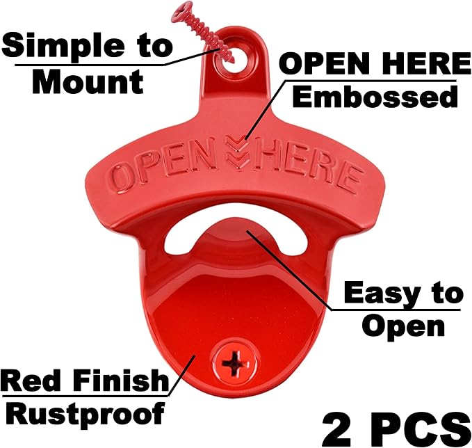 Red Beer Bottle Opener Wall Mounted, Stainless Cooler Mount Soda Cap Opener Gifts (2 PCS)