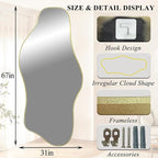 Irregular Full Length Mirror, 67"x31" Large Asymmetrical Tempered Glass Mirror, Gold Organic Frameless Wall Mirrors for Living Room Bedroom Hallway Entryway, Horizontal or Vertical Hanging