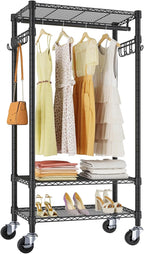 VIPEK R3 Medium Rolling Clothes Racks with Lockable Wheels, Heavy Duty Garment Rack with Adjustable Shelves & Hanging Rod & Side Hooks, Compact Space-Saving Storage for Small Apartments/Dorms (Black)