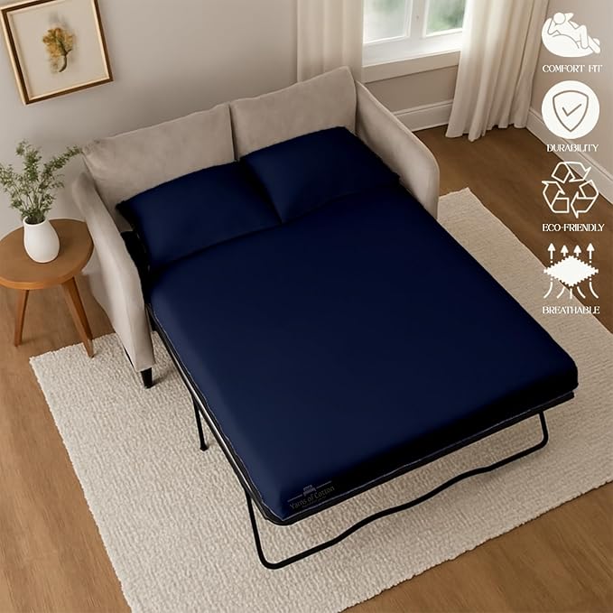 Sleeper Sofa 4 Piece Bed Sheet Set Premium Quality 100% Cotton 500 Thread Count, Smooth & Super Soft Sateen Weave, Extra Soft Bed Sheets, Wrinkle Free, 4 Inch Deep Pocket (Queen, Navy)