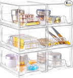 Stebopum 6 Pack Stackable Makeup Organizer, 4.4'' Tall Acrylic Bathroom Makeup Organizer and Storage Drawer with Pull-out Handle, Clear Plastic Storage Bins for Vanity,Pantry,Desk,Undersink,Kitchen