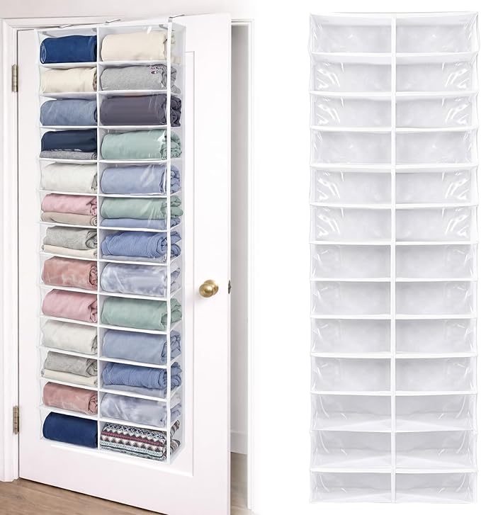 Over The Door Hoodie Organizer 26 Clear Pocket Sweatshirt Organizer with 3 Hooks Hanging Sweatshirt Hoodie Rack Holder Cabinet Behind The Doors for Dormitory Bedroom Closet Storage