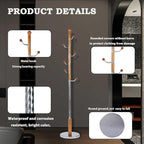 Coat Racks FreeStanding with 11 Hooks, Natural Wood Coat Rack with Solid Round Base, Adjustable Height Coat Racks, Easy Assembly for Hallway, Bedroom and Office (Solid Wood Metal Hook)