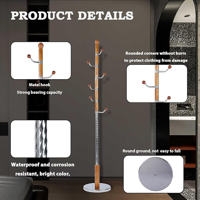 Coat Racks FreeStanding with 11 Hooks, Natural Wood Coat Rack with Solid Round Base, Adjustable Height Coat Racks, Easy Assembly for Hallway, Bedroom and Office (Solid Wood Metal Hook)