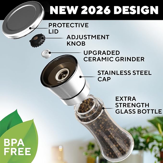 Premium Salt and Pepper Grinder Set of 2 - Two Refillable Stainless Steel Sea Salt & Spice Shakers with Adjustable Coarse Mills - Easy Clean Ceramic Grinders w/BONUS Silicone Funnel & Cleaning Brush