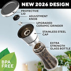 Premium Salt and Pepper Grinder Set of 2 - Two Refillable Stainless Steel Sea Salt & Spice Shakers with Adjustable Coarse Mills - Easy Clean Ceramic Grinders w/BONUS Silicone Funnel & Cleaning Brush