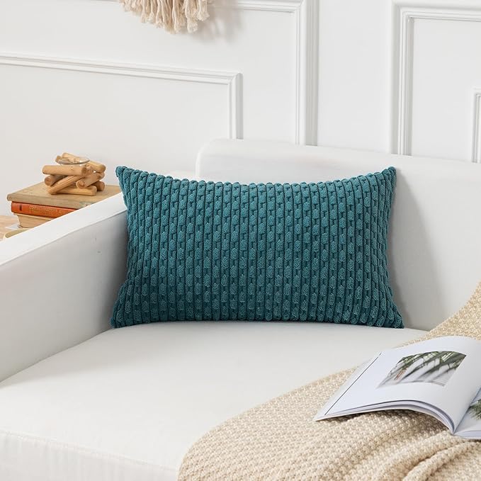 Kevin Textile 12x20 Inch Pillow Cover 1 Pack Boho Decorative Soft Striped Corduroy Lumbar Farmhouse Color Accent Rectangle Cushion Case for Living Room Couch Sofa Bed, Teal Blue