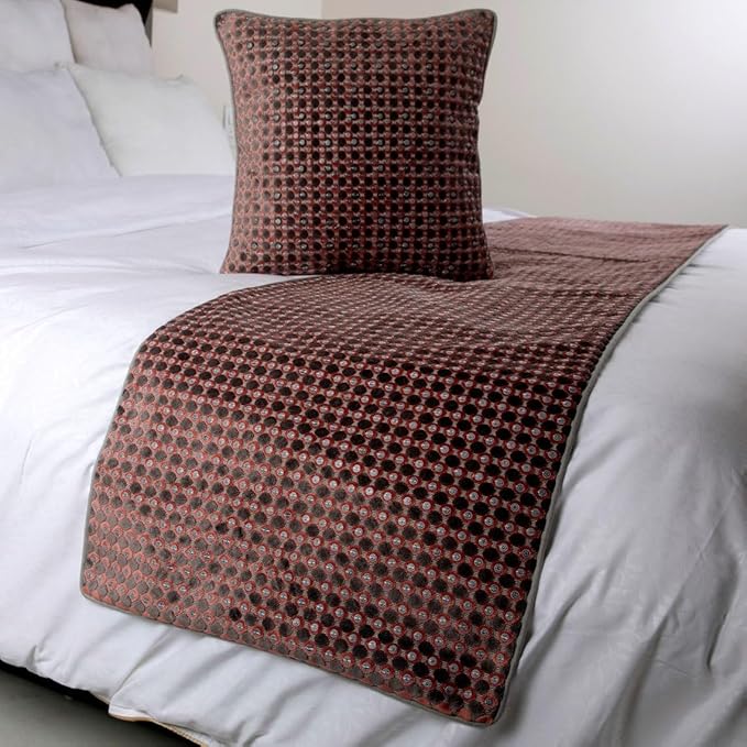The HomeCentric Grey Bed Runner, Full Size 68"x18" Decorative Bed Runner with 2 Matching Pillow Cover, Peach & Grey Velvet Bed Scarf in Sequins Embroidery - Ditto Dots