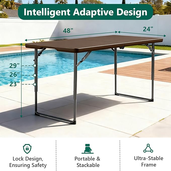 4ft Folding Table, Foldable Picnic Table Portable Table for Indoor Outdoor Use Heavy Duty Plastic Table Camping Table for Party, BBQ, Brown