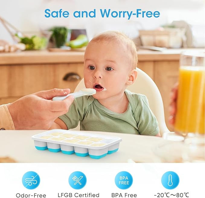 DOQAUS Ice Cube Tray with Lid and Bin - 4 Pack Silicone Ice Cube Trays for Freezer, Stackable Ice Bucket Kits with Storage Container & Scoop for Kitchen, RV, Cocktail, Coffee