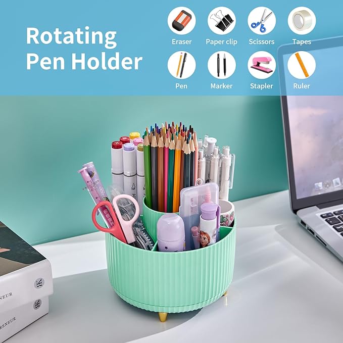 Marbrasse Desk Organizer, 360-Degree Rotating Pen Holder, Desk Organizers and Accessories with 5 Compartments Pencil Holder, Art Supply Storage Box Caddy for Office, Home (Mint Green)