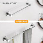 BESy Adjustable 15 to 26 Inch Single Bath Towel Bar Rack for Bathroom Accessories SUS304 Stainless Steel Towel Holder, Wall Mount with Screws Hand Towel Bar Rod Hotel Style, Polished Chrome