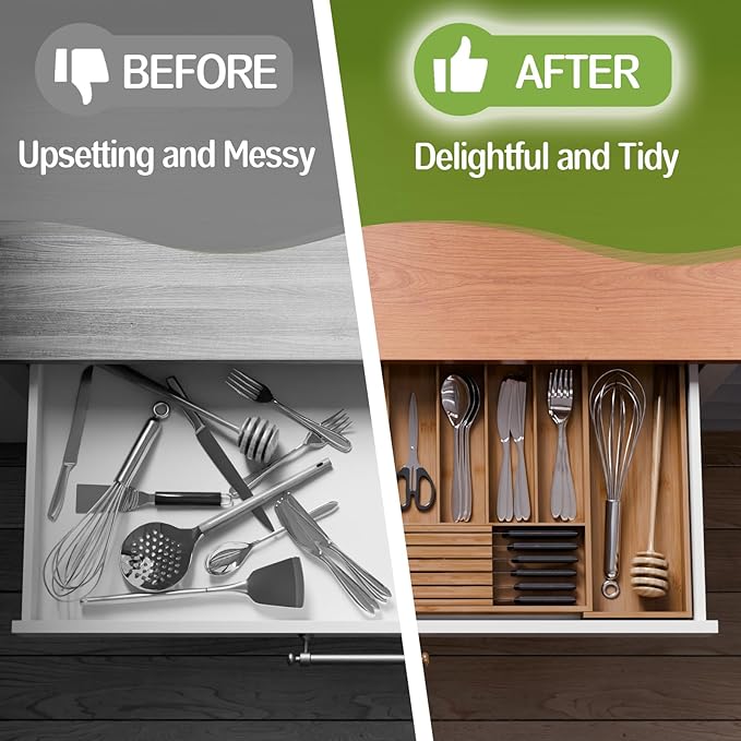 Bamboo Kitchen Silverware Drawer Organizer - Expandable Wood Utensil Holder with Dividers, Luxury Cutlery Storage Tray for Kitchen Utensil and Flatware (5-7 Slots with Removable Knife Block, Walnut)