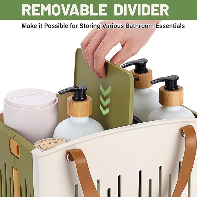 Portable Shower Caddy Collapsible Plastic Shower Basket Tote with Handles Removable Divider, Cleaning Caddy Storage Organizer for Bathroom College Dorm (Green)