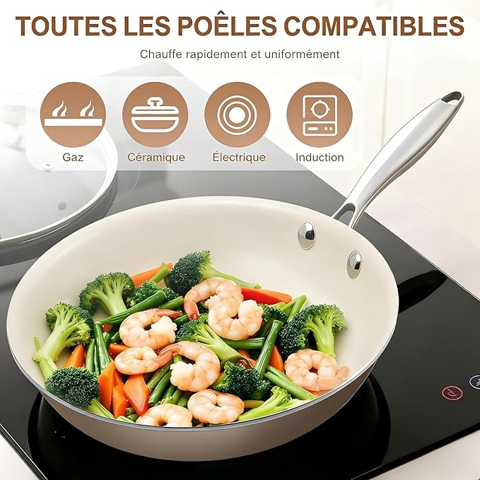 11 Inch Ceramic Nonstick Frying Pan with lid Skillet - PFAS-Free, Non-Toxic, Oven Safe & Induction Ready, Aluminum Cookware with Stainless Steel Handle
