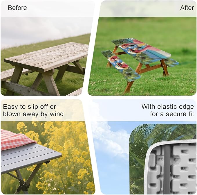 ANNA QUEEN Summer Flamingos Summer Flower Picnic Table Cover 6FT with Bench Covers Picnic Table Cover Set 3PCS 72"x30", Outdoor Bench and Tablecloth Furniture Protection
