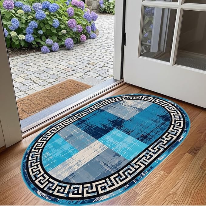 Blue Grey Black Greek Key Pattern Bordered Design Large Carpet for Living Room Bedroom Dining Room Soft Non Slip Low Pile Area Rug 2x3 Farmhouse Doormats Vintage Distressed Home Office Oval Rugs