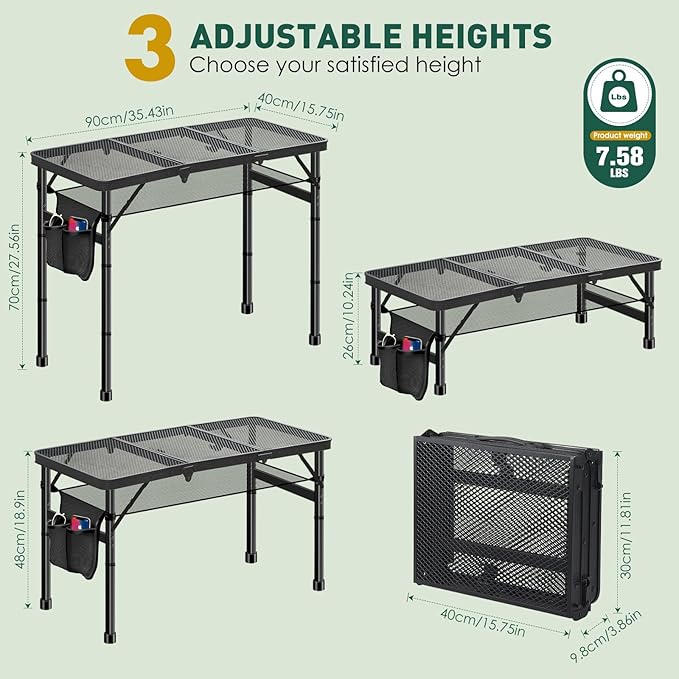 DeeprBetter Folding Camping Table, 3ft Camping Table Aluminum Folding Table with 3 Adjustable Height Max 27.5 Inch Picnic Table Portable Table for Outdoor Backyard BBQ, Beach