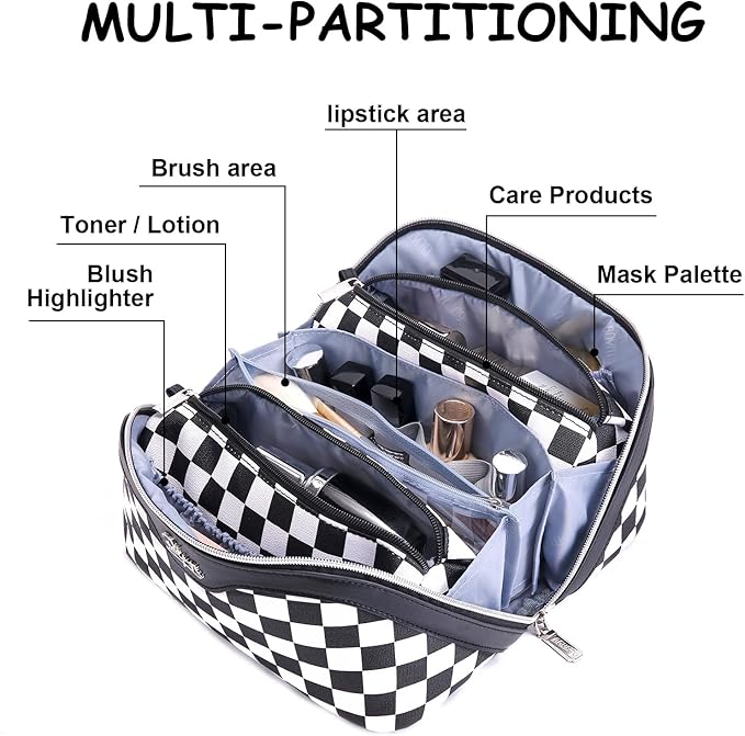 BOYATU Travel Makeup Bag Cosmetic Bags for Women: Large Make up Bags Set of 3 - Portable Makeup Organizer with Compartments&Handle&Divider - Waterproof PU Leather Toiletry Bag(A-5-Checkered Mix Black)